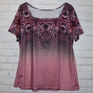 🌸 Pink–Gray–Pink Embroidered Short‑Sleeve Top · Size XXL